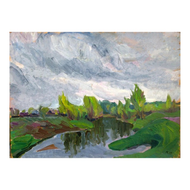 1970s Ukrainian Impressionism River Landscape Painting, Original Soviet Art 60-79,5 For Sale