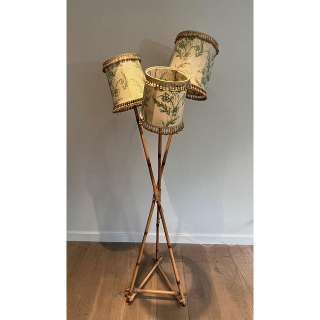 Mid-Century Modern 1970s Bamboo and Rope 3 Lights Floor Lamp, French Work in the Style of Audoux Minet For Sale - Image 3 of 12