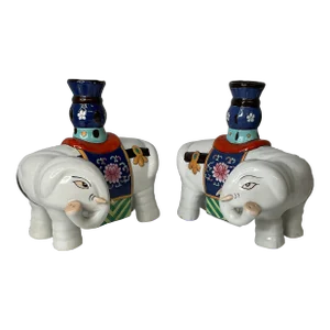 1970s Chinoiserie Ceramic Elephant Candleholders - a Pair