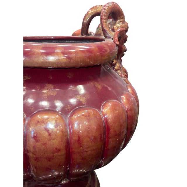 Oxblood Red Large Continental Glazed Earthenware Faun Mask Jardinière. Early 20th Century. For Sale - Image 8 of 9