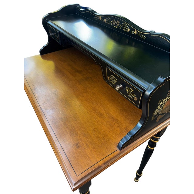 Black Early 20th Century Ethan Allen Hitchcock Style Stenciled & Ebonized Ladies Writing Desk and Woven Rush Seat For Sale - Image 8 of 11