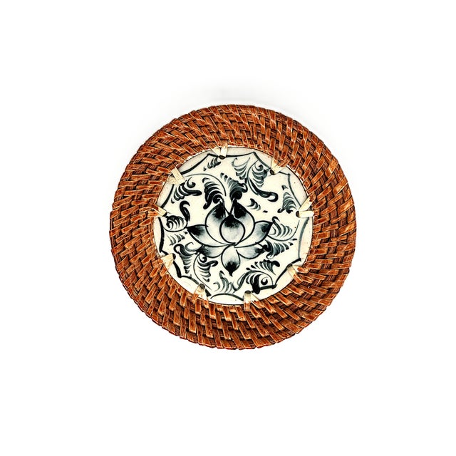 Contemporary Asian Bat Trang Vietnam Rattan & Ceramic Coasters With Blue Lotus Floral Motif - Set of 6 For Sale - Image 3 of 8