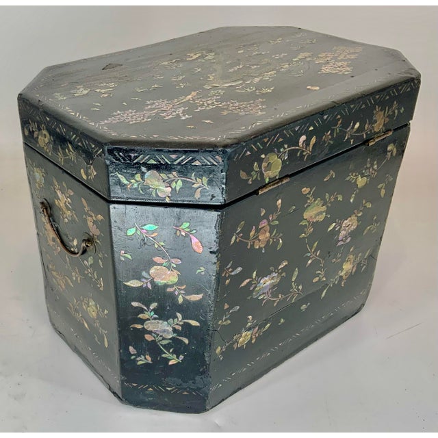 Paint Large Antique Chinese Laquer Tea Caddy Box With Mother-Of-Pearl Inlay For Sale - Image 7 of 12
