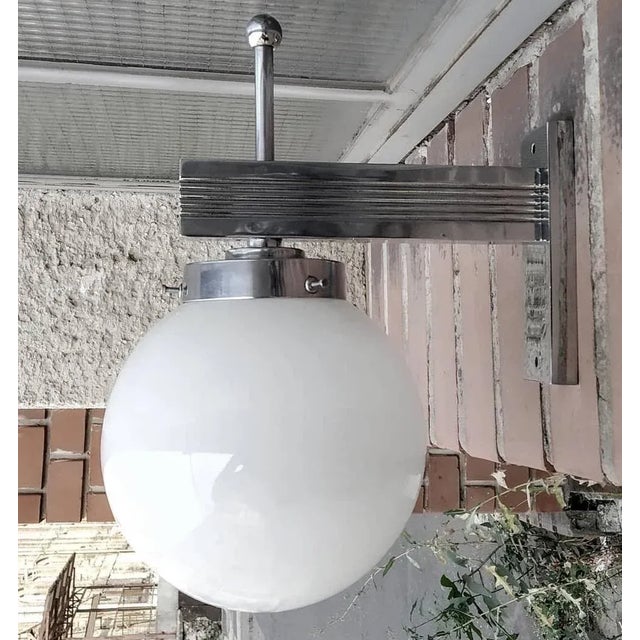 Vintage Art Deco Wall Sconces in Nickel Brass & Milk Glass Shade For Sale - Image 4 of 4