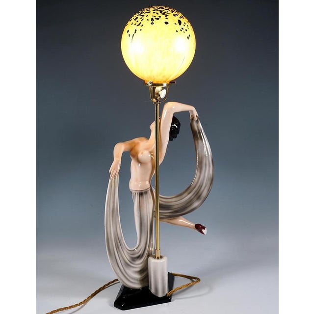 Art Deco Nude Dancer Posing with Lamp from Goldscheider, Vienna, Austria, 1942 For Sale - Image 4 of 14