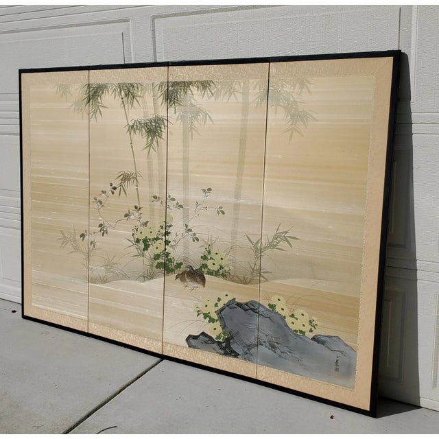 1920s Antique Japanese Silk Screen Four-Panel Byobu Landscape With Two Quails, Chrysanthemums and Bamboo For Sale - Image 5 of 12