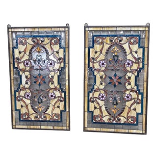 Antique Multi Color Floral Stained Glass Window - Pair For Sale