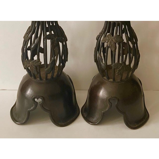 1940s 1940s Japanese Bronze Candle Stands/Holders a Pair For Sale - Image 5 of 7