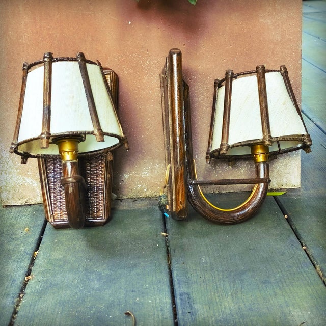Wood Rattan Pendant Light and Wall Lights by Louis Sognot, France, 1950s, Set of 3 For Sale - Image 7 of 11