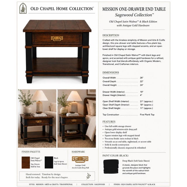 Mission Late 20th Century Old Chapel Onyx Reserve™ Mission End Table Satin Walnut & Antique Gold Edition For Sale - Image 3 of 3