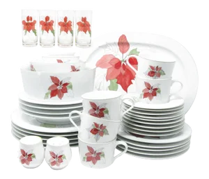 Vintage Block Poinsettia Dinnerware Set Designed by Mary Lou Goertzen - 39 Pieces