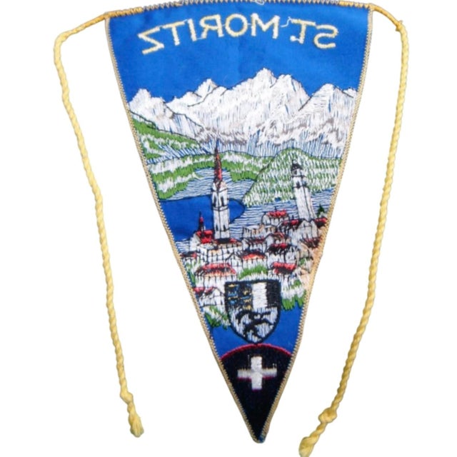 Vintage St. Moritz Swiss Alps Alpine Travel Souvenir Pennant Flag For Sale - Image 4 of 9