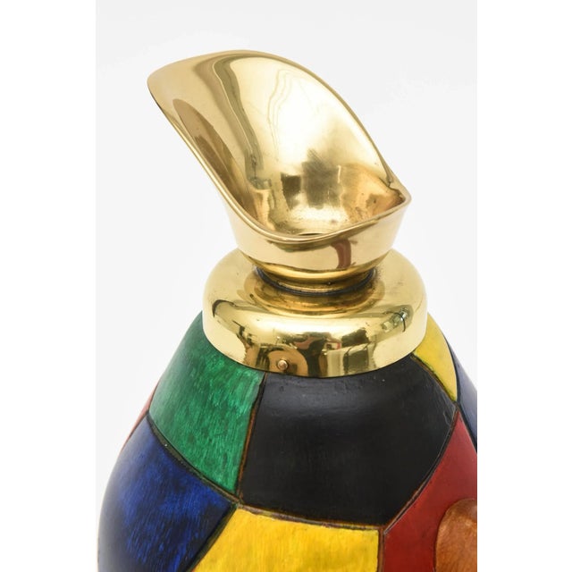 Vintage Italian Aldo Tura Style Colorful Painted Wood and Brass Cork Decanter/ Jug Barware For Sale - Image 9 of 10