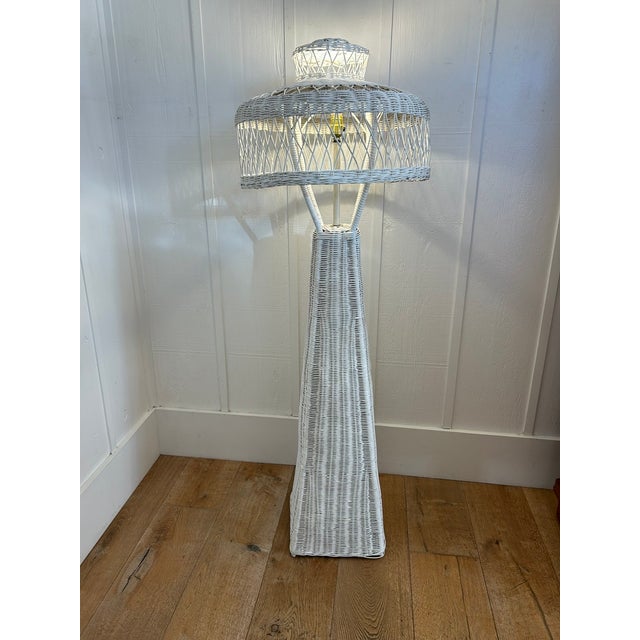 Vintage White Wicker Floor Lamp With Tiered Dome Shade For Sale In Los Angeles - Image 6 of 14