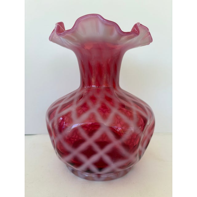 Glass Fenton Cranberry Satin Diamond Optic Vase With Ruffled Rim For Sale - Image 7 of 12