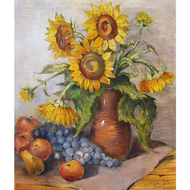 Bernhard Templin, Autumn Still Life with Sunflowers, 1920s, Tempera Painting on Canvas, Framed For Sale - Image 14 of 14
