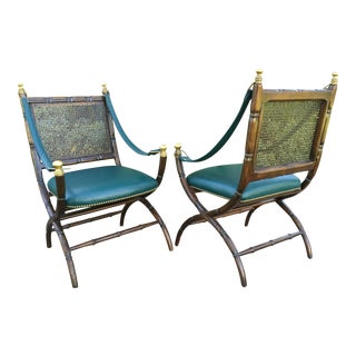 Faux Bamboo X-Base Brass Campaign Chairs - A Pair For Sale