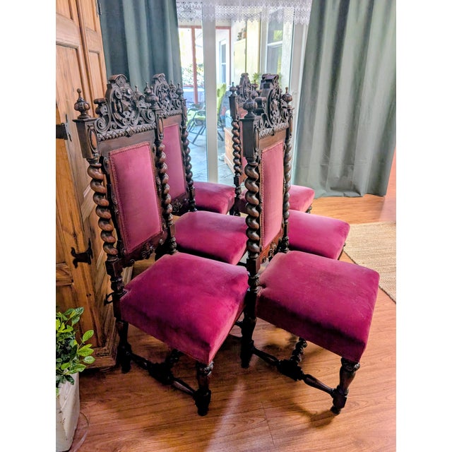High quality Belgian antique 19th century beautiful dining chairs Seats covered with red velvet