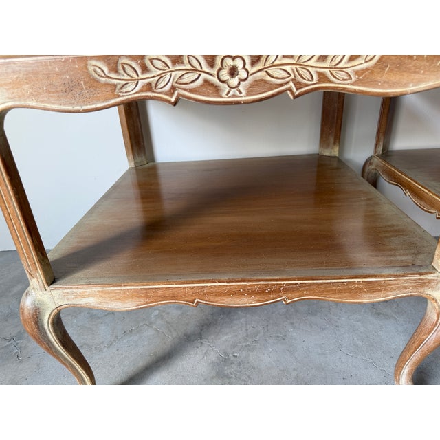 Vintage French Provincial Style Two Tier Marble Top End Tables – A Pair For Sale - Image 15 of 17