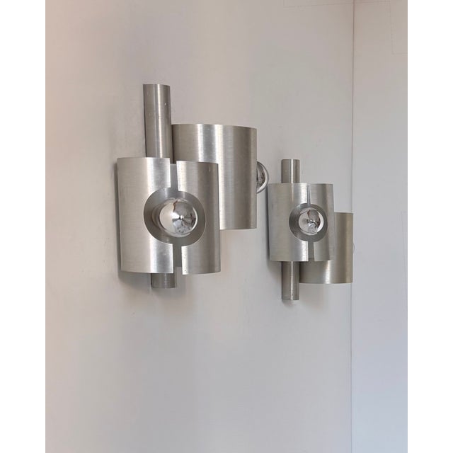 Silver Vintage Double Wall Lights in Brushed Metal, France, 1970, Set of 2 For Sale - Image 8 of 8