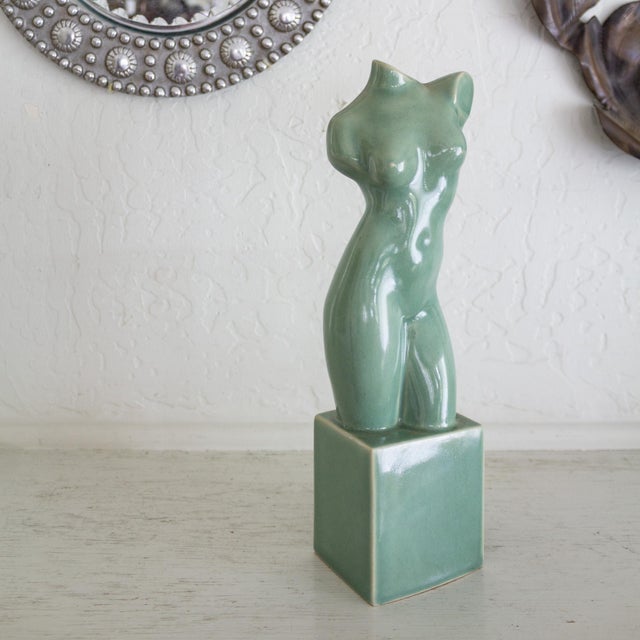 Ceramic Nude Female Sculpture on Plinth With Sage Green Glaze For Sale - Image 12 of 18