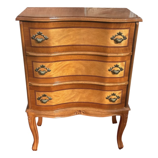 Vintage Wood Three-Drawer Inlaid Chest of Drawers, 1970s For Sale