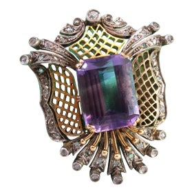 Gold and Silver Brooch with Diamond Chips and Amethyst Cut For Sale