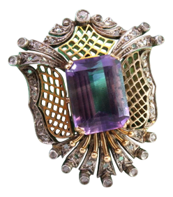 Gold and Silver Brooch with Diamond Chips and Amethyst Cut
