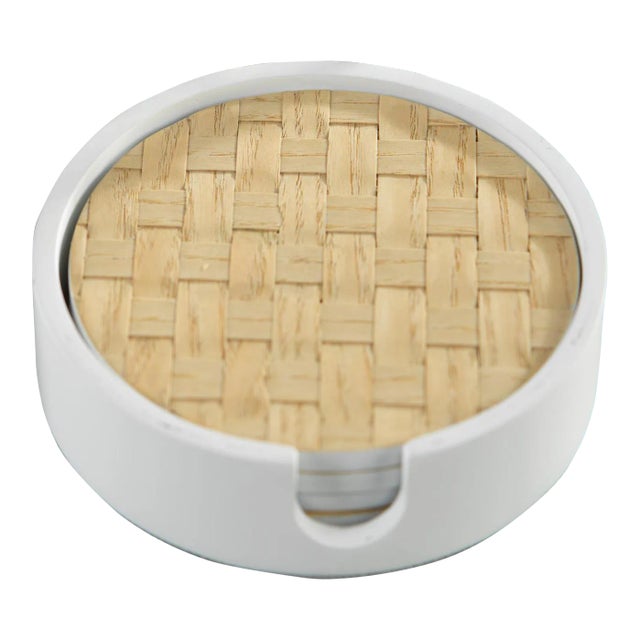 Woven Ash White Coasters with Holder, Round, 5 Pieces For Sale