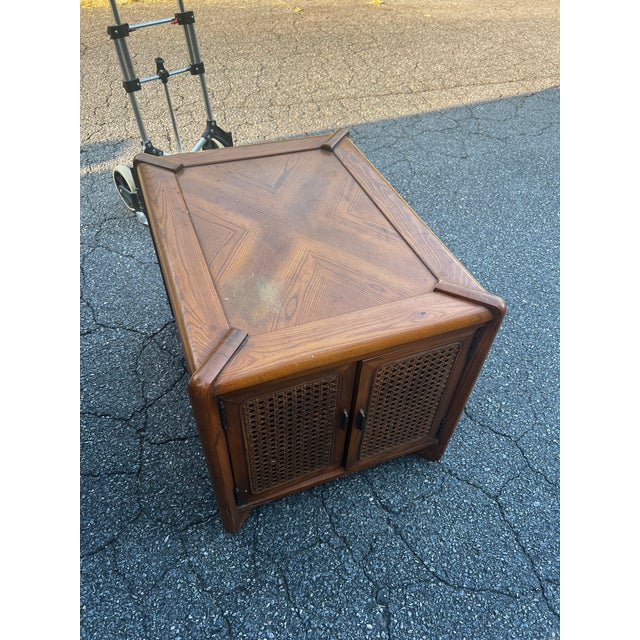 Mid-Century Modern Pair of Vintage Wooden Mid-Century End Tables With Caned Accents and Deep Storage For Sale - Image 3 of 6