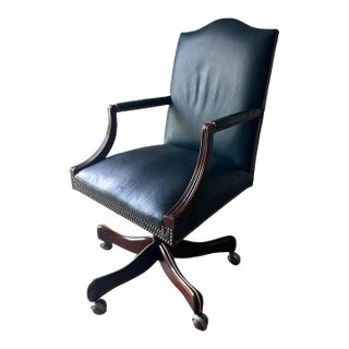Hickory Chair Blue Leather Swivel Desk Chair With Nailhead Trim For Sale