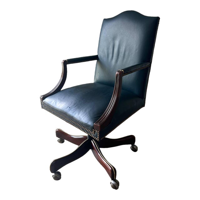 Hickory Chair Blue Leather Swivel Desk Chair With Nailhead Trim For Sale