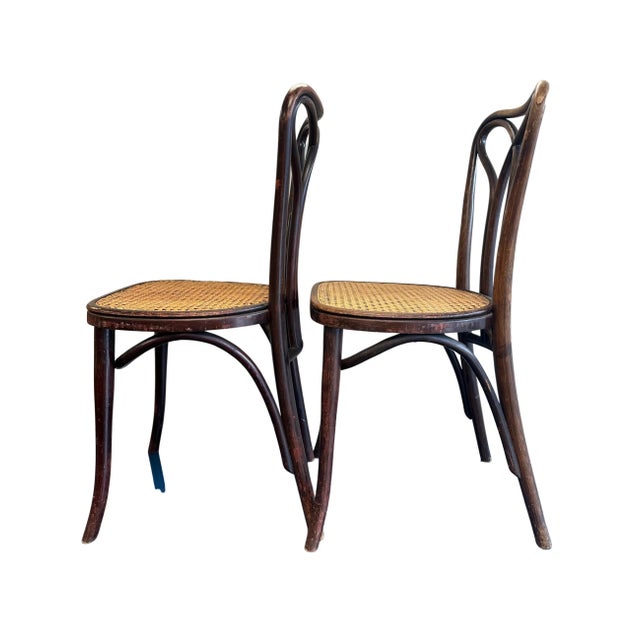 Arts & Crafts Pair Pre-1920 Thonet Bentwood and Cane Dining Chairs With Loop Shaped Leg Braces For Sale - Image 3 of 12