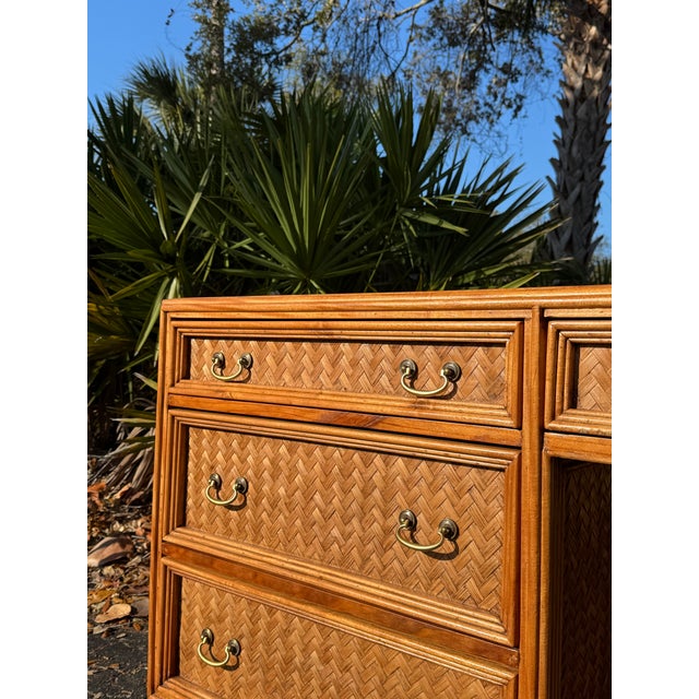 1970s Vintage Whitecraft Bamboo & Rattan Writing Desk With Glass Top For Sale - Image 5 of 6