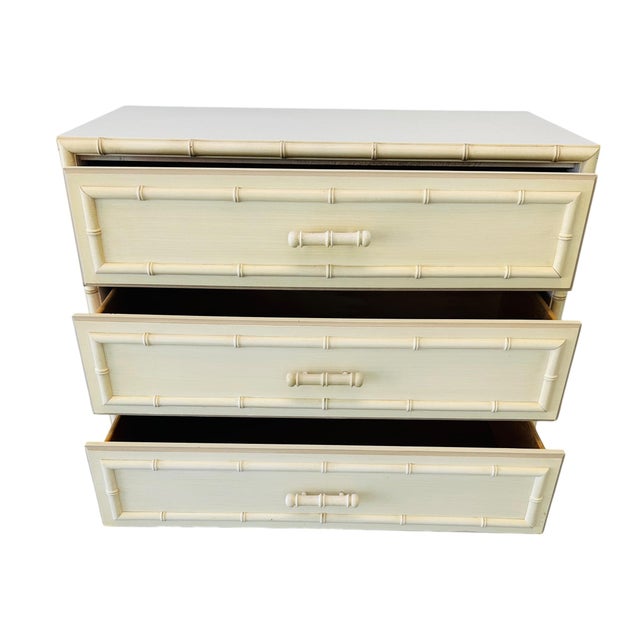 Dixie Furniture Co. Vintage Dixie Aloha Faux Bamboo 3-Drawer Bachelor’s Chest - Original Cream Finish - Palm Beach Regency For Sale - Image 4 of 12