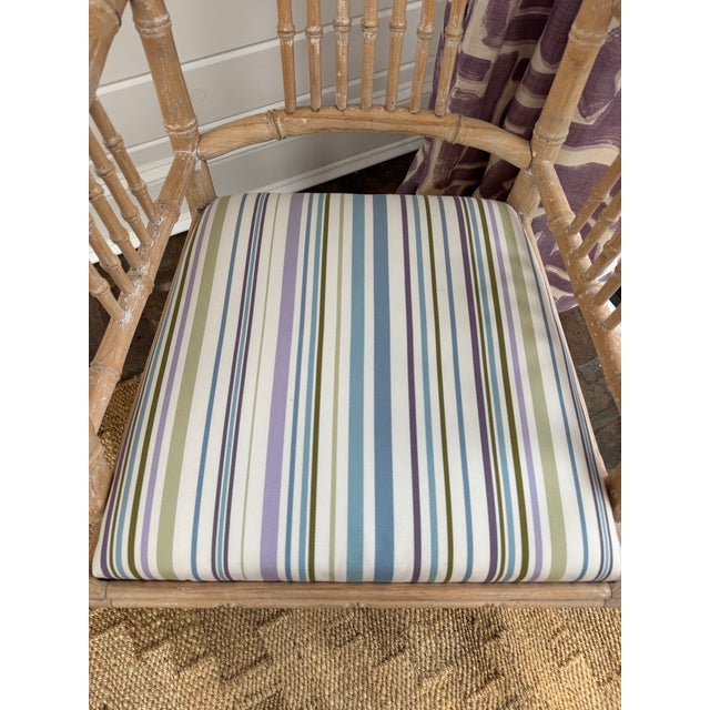 2000 - 2009 John Rosselli Bamboo White Washed Arm Chair With Striped Cushion Seat For Sale - Image 5 of 14