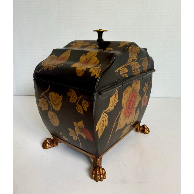 Black Vintage Italian Tole Floral Hinged Box for Bergdorf Goodman With Gilt Claw Feet For Sale - Image 8 of 12