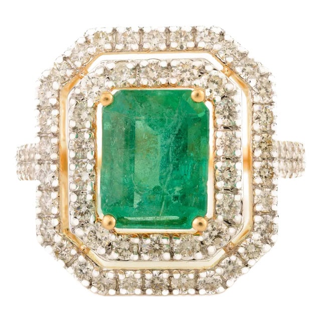 18k Gold Emerald & Diamond Art Deco Style Engagement Ring Size 8 For Sale
