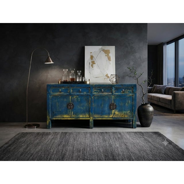 Wood Distressed Bright Blue Oriental Sideboard Credenza Console Table Cabinet For Sale - Image 7 of 18