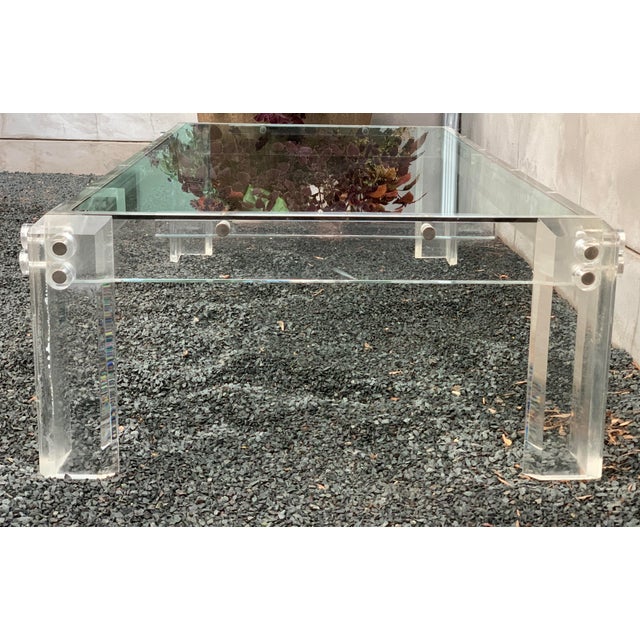 Contemporary Vintage Lucite Coffee Table With Thick Acrylic Frame and Glass Top For Sale - Image 3 of 12
