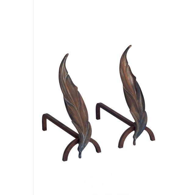 1950's Mid-century Flameleaf Bronze Andirons attributed to Neil Peper, though not signed. The hand cast bronze leaf forms...
