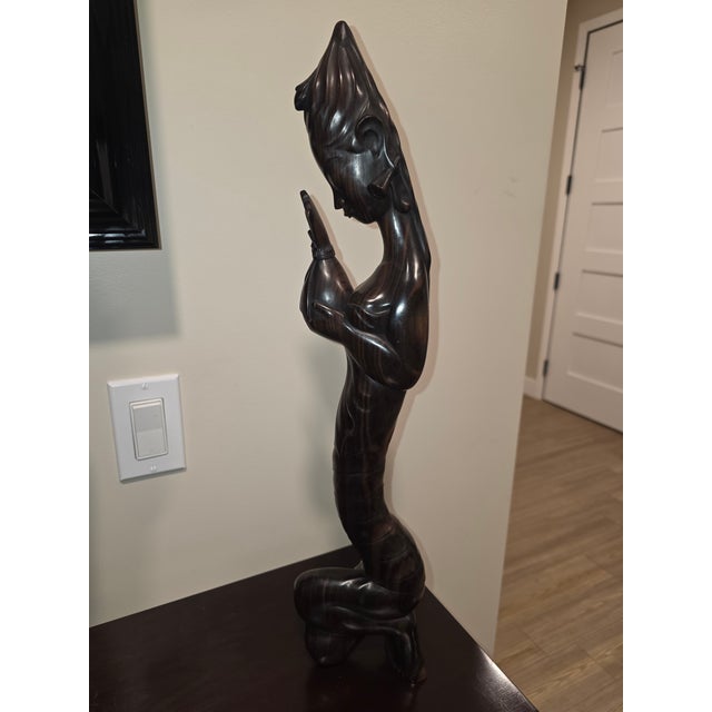 Art Deco Monumental Mid-Century Balinese Art Deco Elongated Maiden Hardwood Sculpture For Sale - Image 3 of 12