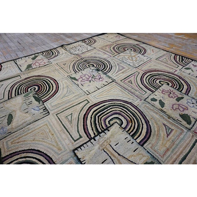 1930s Nice Tan-Beige Background With Prominent Circles Black Geometric Design Antique American Hooked Rug For Sale - Image 5 of 13