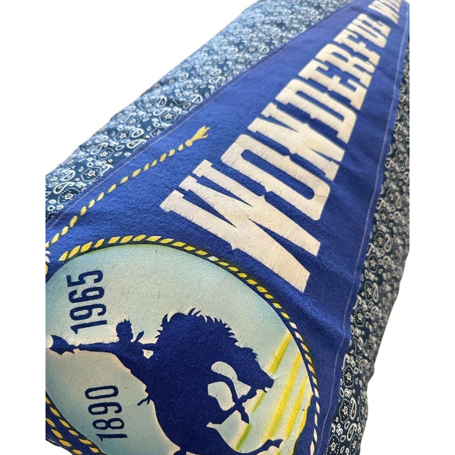 Description: Vintage Wyoming Felt Pennant from 1965. New blue paisley woven cotton fabric used to create this throw pillow...