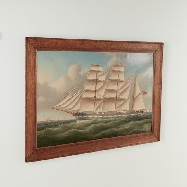 Impressive 19th century English oil painting on canvas of the three masted cargo sailing ship the “Mennock” built in 1876...