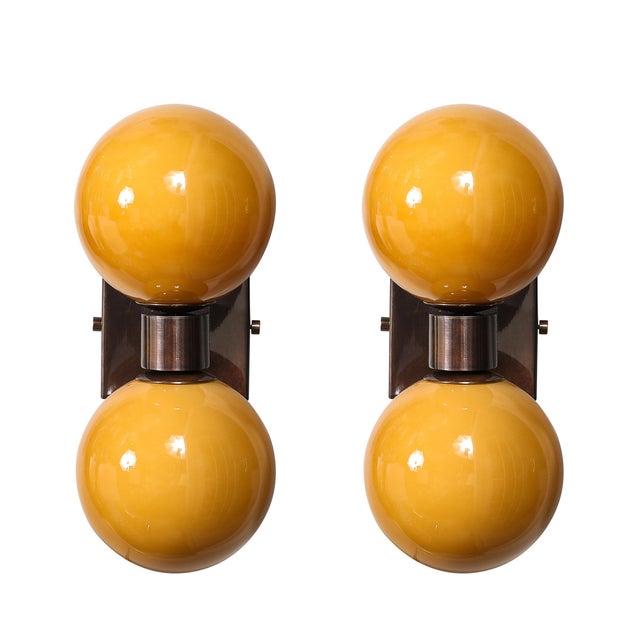 Modernist Hand-Blown Murano Smoked Golden Moon Hue Glass Double Sphere Sconces For Sale - Image 4 of 12