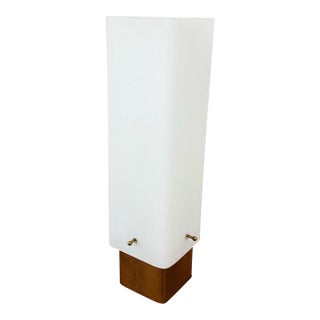 Vintage 1960s Mid Century Modern White Frosted Glass & Wood Table Lamp For Sale