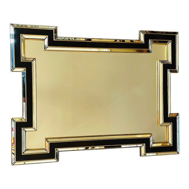 1980s Art Deco Revival Style Geometric Framed Mirror With Black and Gold Accents. For Sale