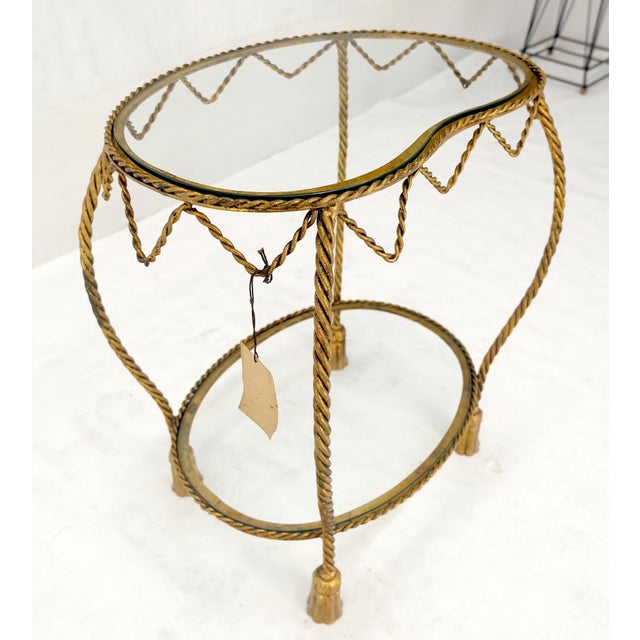 Metal Italian Gold Gilt Steel Rope Style Kidney Shape Glass top Side Lamp Table Mint For Sale - Image 7 of 17