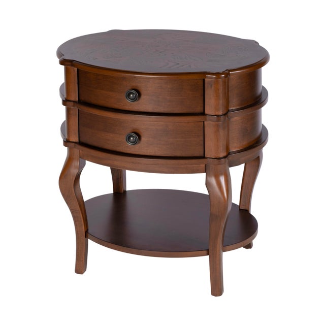 Ethel 25 in. W Oval Wood 2 Drawer Accent Table with Open Shelf, Cherry For Sale - Image 9 of 9